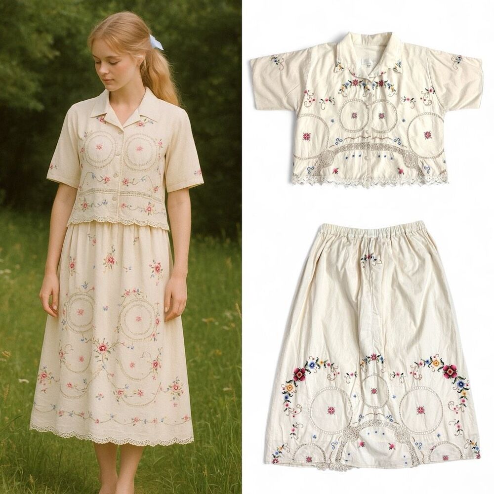 Vtg Nicole Marie Needlepoint Crochet Cotton Blouse Skirt Set L Cottage Modest